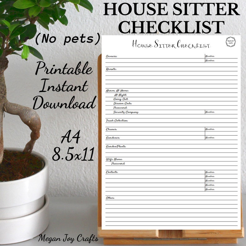 House Sitter Checklist Printable Instant Download A4 Etsy