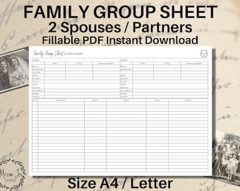 2 Ehepartner/Partner Familiengruppenbogen, 22 Kinder, ausfüllbarer pdf Sofort Download, Genealogie Vorlage, Stammbaum Stammbaum, A4, Letter