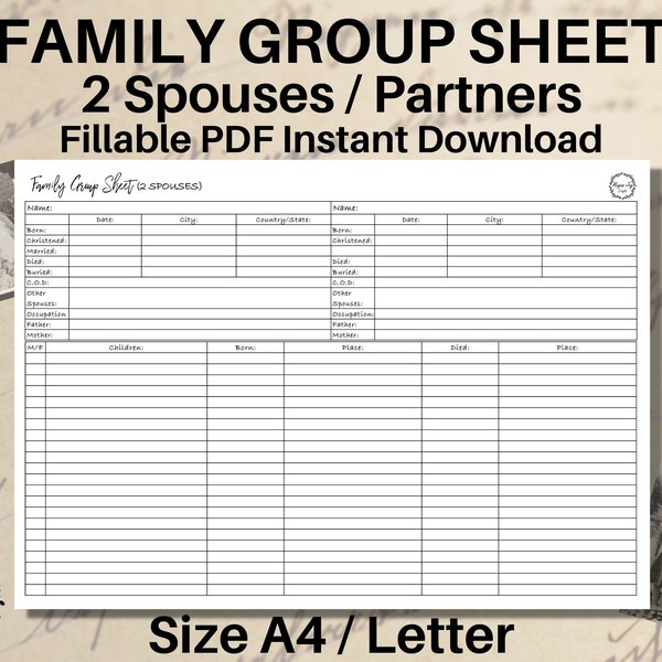 2 Spouses/Partners Family Group Sheet, 22 Children, Fillable pdf Instant Download, Genealogy Template, Blank Family Tree, A4, Letter