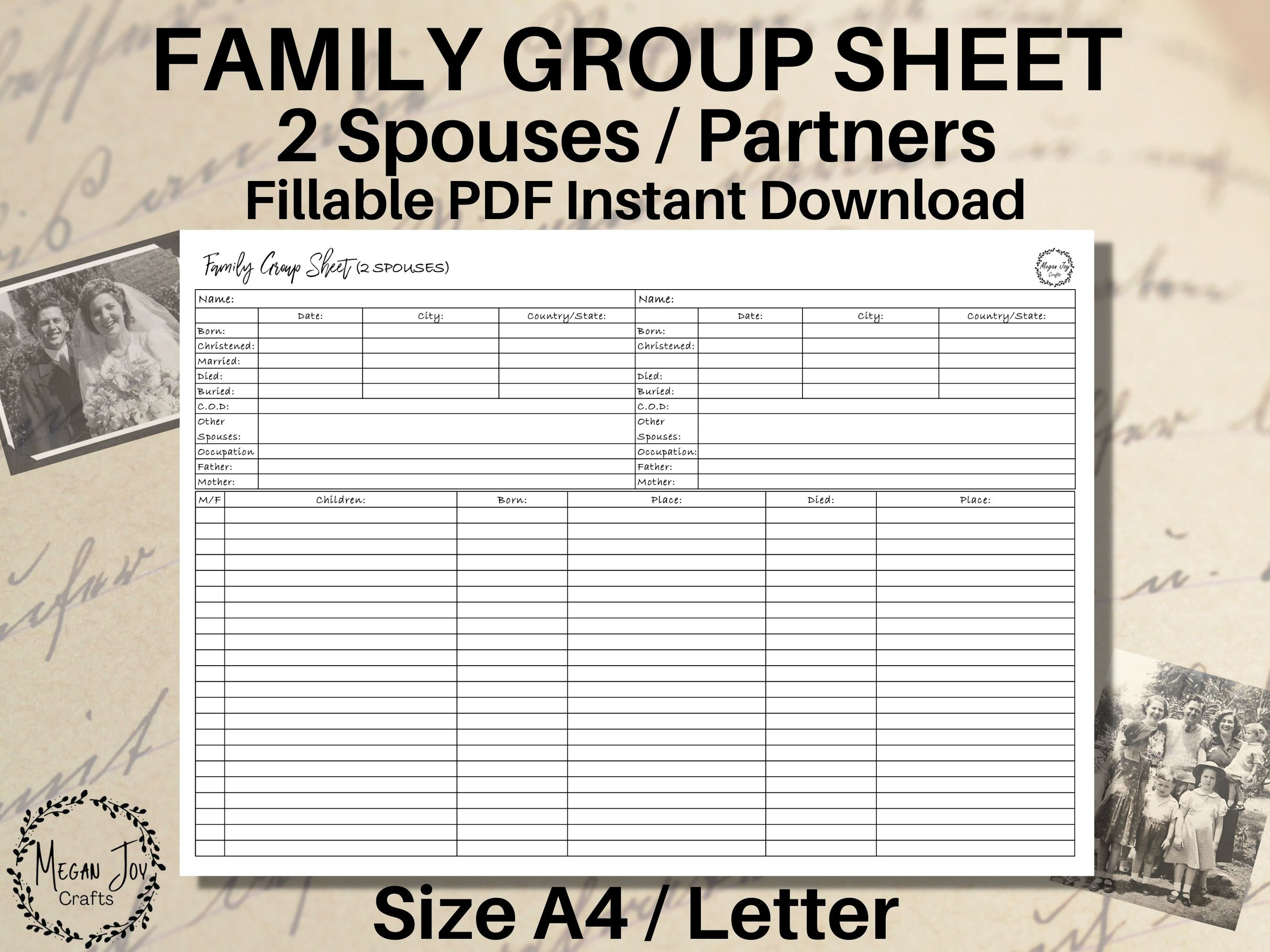 2 Spouses/Partners Family Group Sheet, 22 Children, Fillable pdf Instant Download, Genealogy Template, Blank Family Tree, A4, Letter