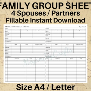 Hoja de grupo familiar de 4 cónyuges/parejas, 32 hijos, descarga instantánea rellenable, plantilla de genealogía, árbol genealógico en blanco, A4, carta