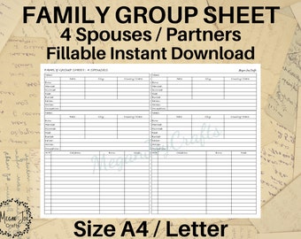 4 Spouses/Partners Family Group Sheet, 32 Children, Fillable Instant Download, Genealogy Template, Blank Family Tree, A4, Letter