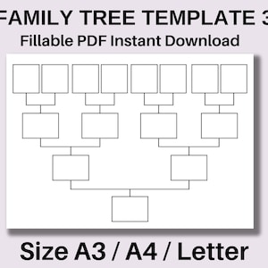 Plantilla de árbol genealógico, descarga instantánea de PDF rellenable, plantilla de genealogía, gráfico de árbol genealógico, árbol genealógico en blanco, A3, A4, carta