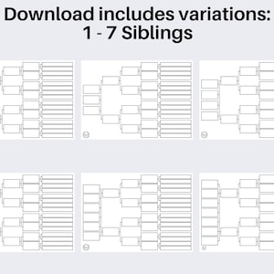 K&ouml;nnte beinhalten: Sechs schwarz-wei&szlig;e druckbare Stammbaumvorlagen. Der Download enth&auml;lt Variationen f&uuml;r 1-7 Geschwister.