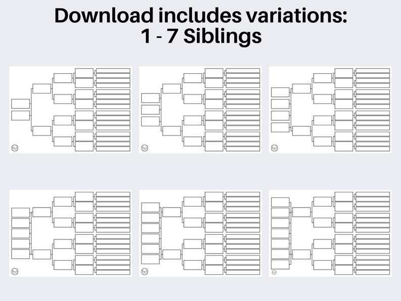 K&ouml;nnte beinhalten: Sechs schwarz-wei&szlig;e druckbare Stammbaumvorlagen. Der Download enth&auml;lt Variationen f&uuml;r 1-7 Geschwister.