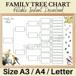 May include: Printable family tree chart with a 5 generation layout. The chart is decorated with yellow birds and green leaves. The text "Family Tree Chart" and "Fillable Instant Download" is at the top of the chart. The text "Size A3 / A4 / Letter" is at the bottom of the chart.