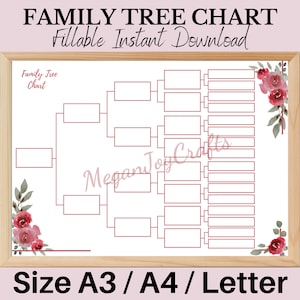 Plantilla de árbol genealógico de 5 generaciones, descarga instantánea rellenable, plantilla de genealogía, gráfico de árbol genealógico, árbol genealógico en blanco, A3, A4, carta, rosa