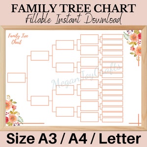 Plantilla de árbol genealógico de 5 generaciones, descarga instantánea rellenable, plantilla de genealogía, gráfico de árbol genealógico, árbol genealógico en blanco, A3, A4, carta