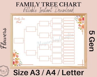 5 Generationen Stammbaum Vorlage, ausfüllbarer Sofort Download, Genealogie Vorlage, Stammbaum Diagramm, leerer Stammbaum, A3, A4, Letter