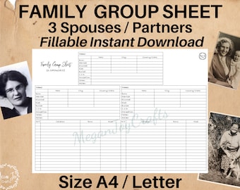 May include: A printable family group sheet with space for three spouses or partners. The sheet is designed for genealogy and includes fields for names, birth dates, marriage dates, and other information. The sheet is labeled "Family Group Sheet (3 Spouses)" and "Size A4/Letter".