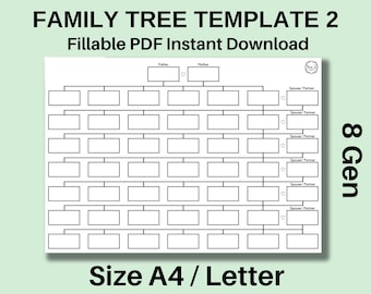 8 Generationen Stammbaum Vorlage, ausfüllbare PDF Sofort Download, Genealogie Vorlage, Stammbaum Chart, leerer Stammbaum, A4, Letter