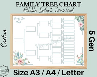 Stammbaum-Diagramm, 5 Generationen, befüllbar Sofort Download, Genealogie-Vorlage, Kaktus-Thema
