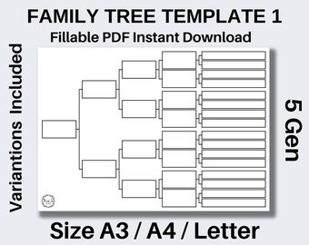 5 Generation Stammbaum Vorlage, ausfüllbare Pdf Sofort-Download, Genealogie Vorlage, Stammbaum, Stammbaum, A3, A4 Letter