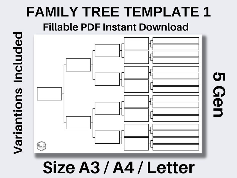 K&ouml;nnte beinhalten: Schwarzwei&szlig;es druckbares Stammbaum-Template mit f&uuml;nf Generationen. Das Template ist mit "Familienstammbaum-Template 1" und "F&uuml;llbares PDF Sofort-Download" beschriftet. Das Template ist auch mit "Gr&ouml;&szlig;e A3/A4/Brief" und "5 Gen" beschriftet.