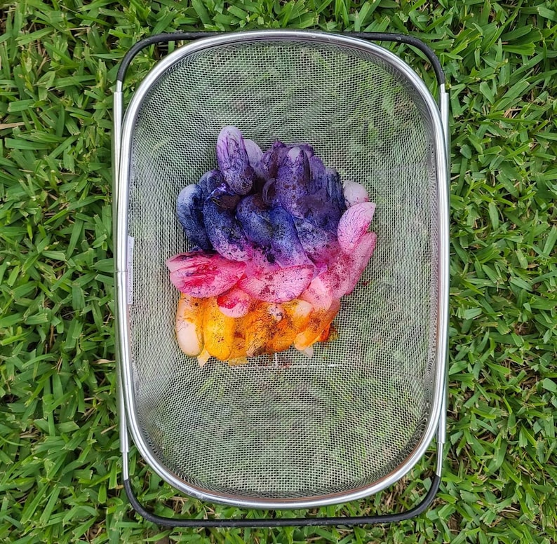 May include: A metal mesh colander filled with colorful, dyed fabric. The fabric is arranged in layers of orange, pink, purple, and blue, creating a gradient effect. The colander sits on a bed of green grass.