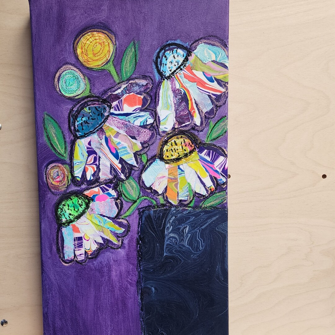 Unique Mixed Media Flower Art on Canvas - Colorful Still Life Folk ...