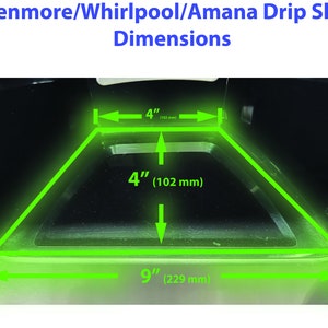 May include: A green line drawing shows the dimensions of a drip shelf for a refrigerator. The shelf is 9 inches wide, 4 inches deep, and 4 inches high. The measurements are also shown in millimeters.