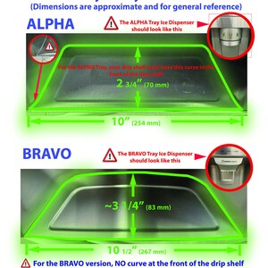 May include: Diagram showing two different styles of ice dispenser trays for LG refrigerators. The ALPHA tray has a curved front edge, while the BRAVO tray has a straight front edge. Dimensions are provided in inches and millimeters.