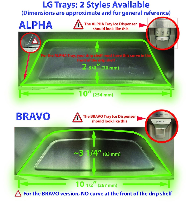 May include: Diagram showing two different styles of ice dispenser trays for LG refrigerators. The ALPHA tray has a curved front edge, while the BRAVO tray has a straight front edge. Dimensions are provided in inches and millimeters.