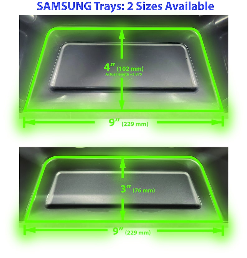 May include: Two sizes of Samsung refrigerator trays, both 9 inches wide. The larger tray is 4 inches tall and the smaller tray is 3 inches tall. Both trays are made of a silver metal.
