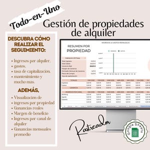May include: A computer screen displays a spreadsheet with financial data, including income, expenses, and profit margins. Text in Spanish reads "Property Management" and "How to Track". A Google Sheets logo is in the bottom right.