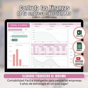 Pode incluir: Um ecrã de computador portátil que mostra um painel financeiro com gráficos e tabelas de dados. O ecrã mostra dados financeiros, incluindo rendimentos, despesas e lucros, com o texto "Controle suas finanças" no topo. Ícones do Excel, Google e YouTube também são visíveis.