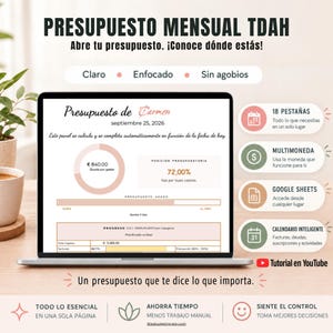 Puede incluir: Un planificador de presupuesto mensual digital para TDAH en una pantalla de portátil. La interfaz muestra un gráfico circular, barras de progreso y datos financieros. El texto incluye Presupuesto Mensual TDAH, 18 pestañas, Multimoneda y Google Sheets.