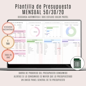 May include: A digital budget template displayed on a laptop screen. The template is titled "Plantilla de Presupuesto MENSUAL 50/30/20" and includes sections for income, expenses, and savings. The design uses pastel colors and charts.