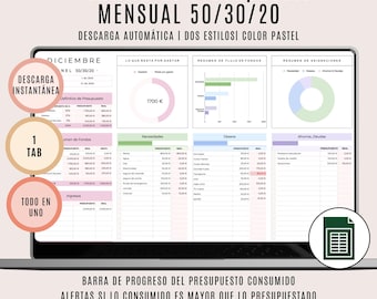 Plantilla de Presupuesto Mensual Google Sheets 50/30/20 / Todo-en-Uno / 2 Estilos de Color / Control de Gastos / Finanzas Personales
