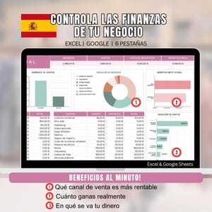 May include: A computer screen displays financial data analysis with charts and graphs. The text reads "Control Your Business Finances" and "Excel & Google Sheets." The Spanish flag is in the upper left corner. The screen shows income, expenses, and profit metrics.