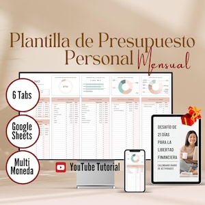 Op de afbeelding: Een digitale sjabloon voor een persoonlijk maandbudget weergegeven op een computermonitor, smartphone en tablet. De afbeelding bevat de tekst "6 Tabs", "Google Sheets", "Multi Moneda" en "YouTube Tutorial". Een tablet toont "21 Day Financial Freedom Challenge".