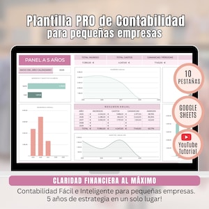 Peut inclure: Un écran d'ordinateur portable affiche un modèle de feuille de calcul financière pour les petites entreprises. L'écran montre des graphiques et des tableaux de données avec des informations financières. Le texte à l'écran comprend "Modèle de comptabilité PRO" et "Panneau sur 5 ans".