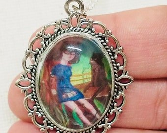 Girl and cat painting necklace