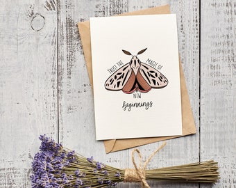 Trust the Magic of New Beginning's Card | Blank Moth Card | New Chapter Greeting Card | New Adventures | Hand Drawn Modern Calligraphy Card