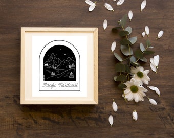 Pacific Northwest Mountainscape Art Print | Dekoracja ścienna | Wystrój domu PNW | Grafika liniowa | Przytulny dom | Rysunek odręczny | Nowoczesna sztuka kaligrafii