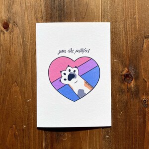 Tarjeta de orgullo bisexual / Eres purrfecto / Tarjeta Paws-o-tively Prideful / Tarjeta de aliento bisexual / Tarjeta de caligrafía moderna dibujada a mano