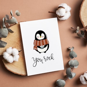 You Rock Card / Penguin Pebble Card / Tarjeta de aliento en blanco / Tarjeta del Día de la Madre / Tarjeta del Día del Padre / Tarjeta de caligrafía moderna dibujada a mano