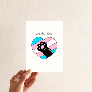 Cartão de orgulho transgênero | Cartão You Are Purrfect | Cartão Paws-o-tively Prideful | Cartão de orgulho trans em branco | Cartão de caligrafia moderna desenhada à mão