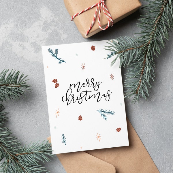 Merry Christmas Winter Print Card | Blank Christmas Card | Botanical Card | Xmas Card | Holiday Card | Hand Drawn Modern Calligraphy Card