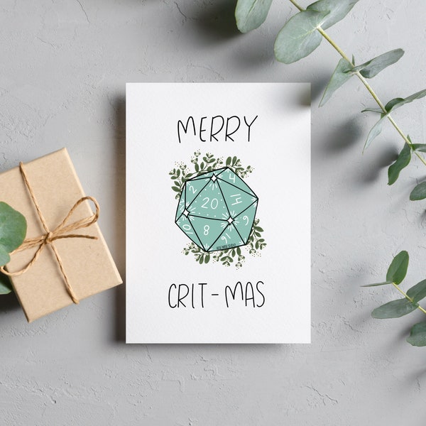 Merry Crit-mas Card | Dungeons and Dragons Christmas Card | DnD Christmas Card | Modern Calligraphy Card | Hand Drawn D20 Greeting Card