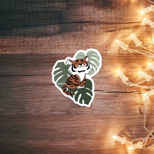Adorable Tiger with Monstera Leaves Sticker | Kawaii Sticker | Water Bottle Sticker | Laptop Decal | Weatherproof Die Cut Sticker