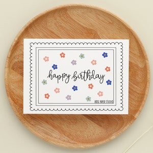 Tarjeta de feliz cumpleaños / Tarjeta con flores / Tarjeta de caligrafía moderna / Tarjeta botánica / Tarjeta brillante y floral / Tarjeta de felicitación dibujada a mano