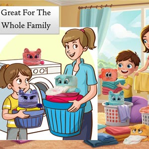 Op de afbeelding: Een collectie van vierkante pluche dierenfiguren met grote ogen en oren, elk voorzien van een kleine zakopening. De afbeelding bevat de tekst "Great For The Whole Family" en toont deze items in combinatie met wasmanden.