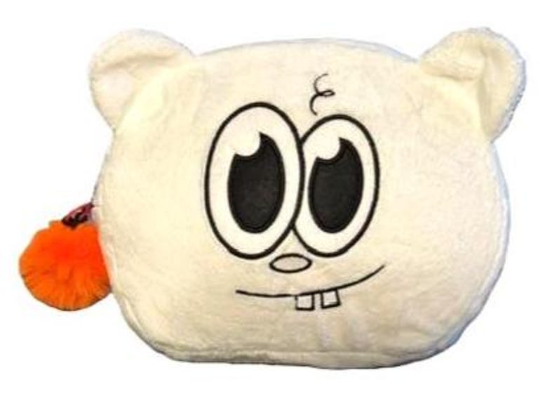 Op de afbeelding: Een wit pluche tasje in de vorm van een cartoon-dierenkop met grote zwart-witte geborduurde ogen, een kleine neus en twee zichtbare voortanden. Het tasje heeft een zachte, pluizige textuur en een feloranje pompon aan de ritssluiting.