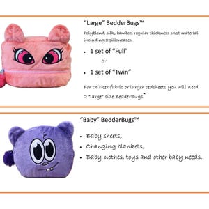 Op de afbeelding: Twee pluche opbergzakjes met het label BedderBugs. De bovenste is een roze katachtig zakje met grote roze ogen en een pompon rits. De onderste is een paars wezenachtig zakje met grote witte ogen, twee tanden en een paarse pompon rits.