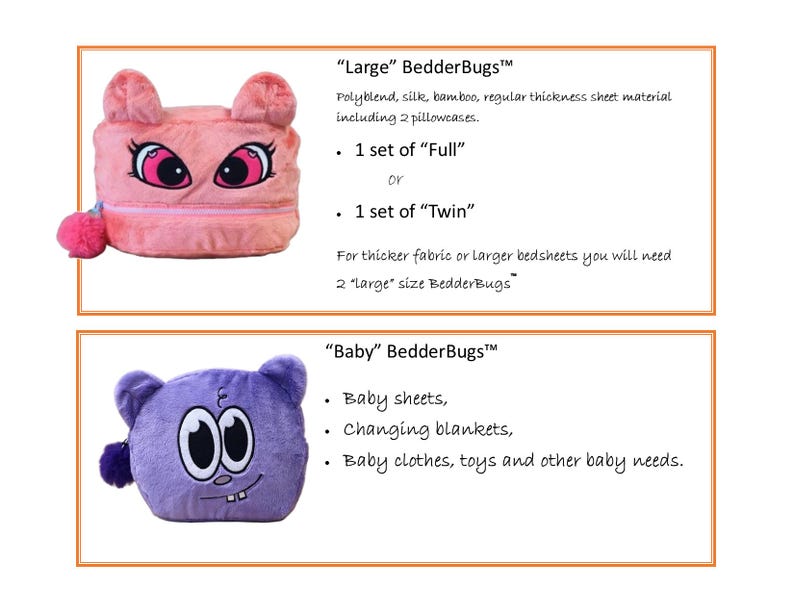 Op de afbeelding: Twee pluche opbergzakjes met het label BedderBugs. De bovenste is een roze katachtig zakje met grote roze ogen en een pompon rits. De onderste is een paars wezenachtig zakje met grote witte ogen, twee tanden en een paarse pompon rits.