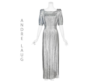 ANDRE‘ LAUG 1970s "Audrey" Gown, Pleated Silver Lamè, Wrap Skirt, SIZE 8-10