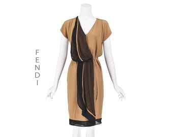 FENDI Caramel & Black Silk Faux Wrap Dress, Drawstring Waist, SZ 4, S