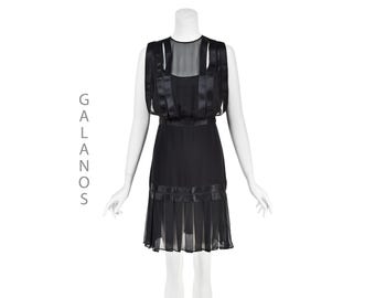 JAMES GALANOS c.1984 Black Silk Chiffon Caged Bodice Pleated LBD Cocktail Dress