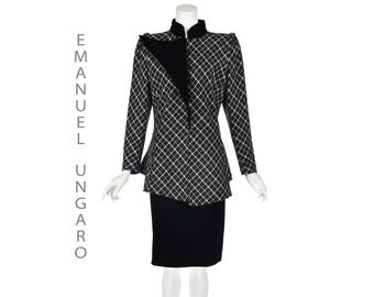 EMANUEL UNGARO 1980s Black and White Plaid Wool Jacket and Velvet Skirt Suit, Size L